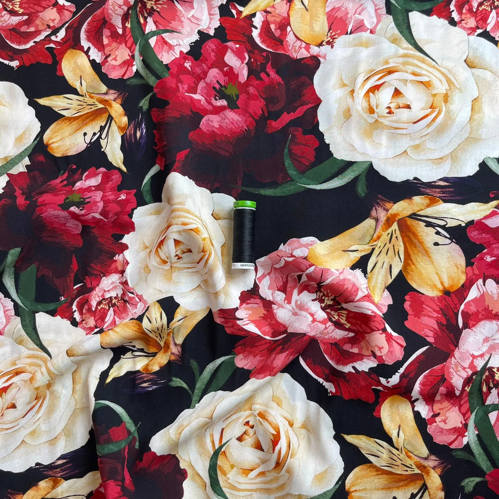 Romance Flowers on Black Viscose Fabric