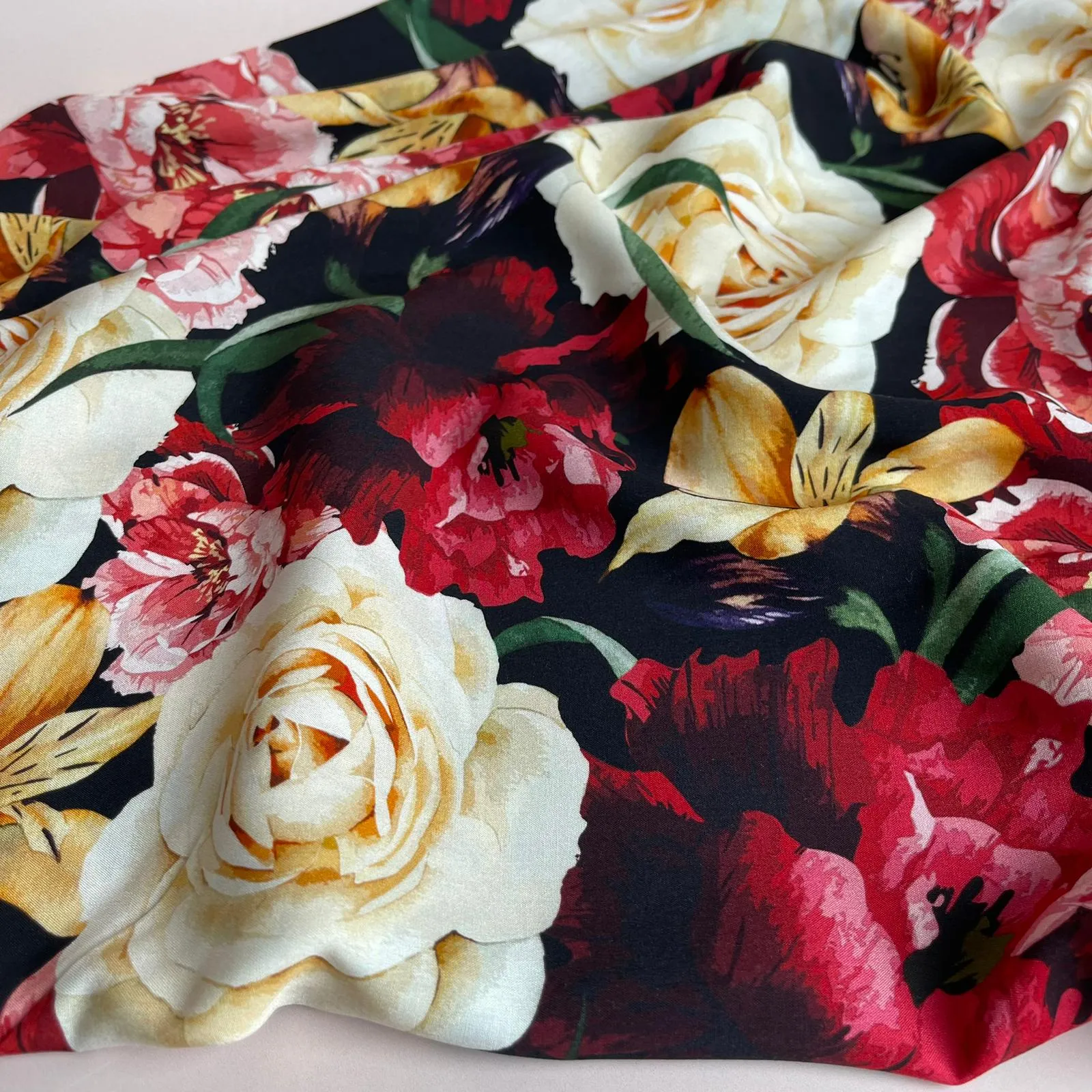 Romance Flowers on Black Viscose Fabric