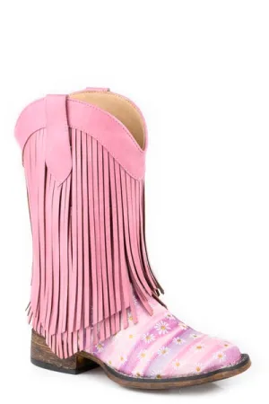 Roper Footwear Pink Floral Glitter Square Toe Boots for Little Kids with Fringe Tops