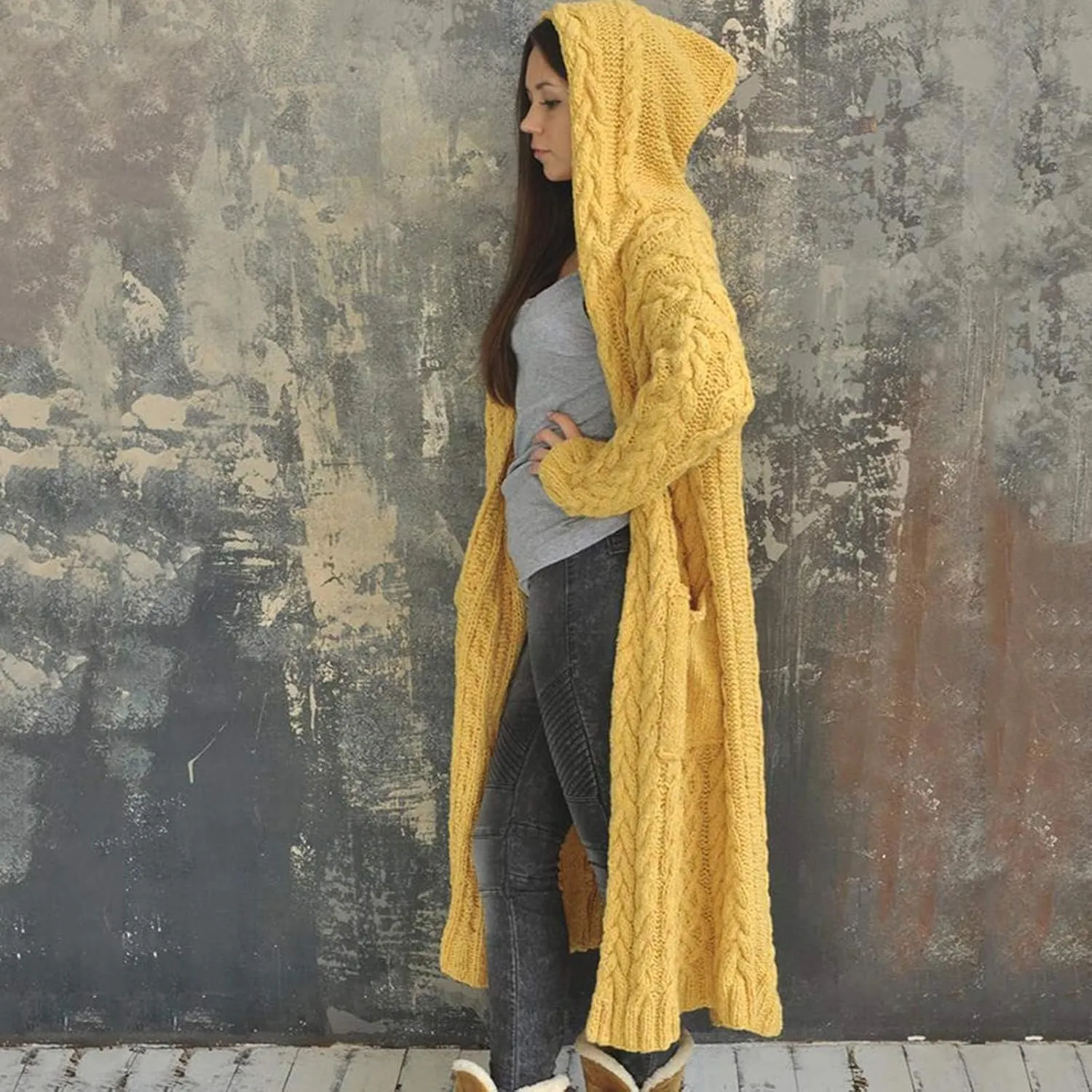 SACFOF Women's Long Sleeve Cable Knit Cardigan Sweaters 2023 Open Front Long Cardigans Coats Hoodies Outerwear with Pockets