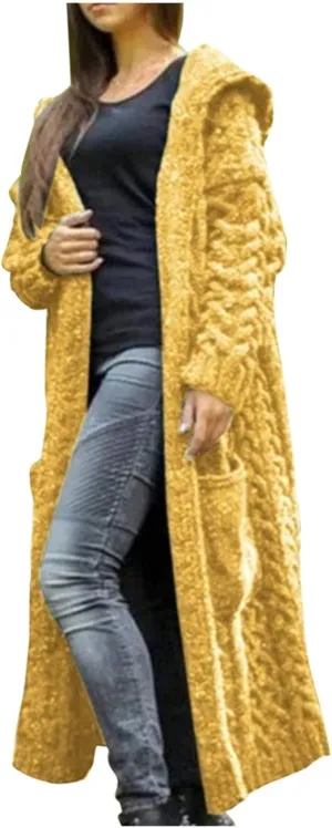 SACFOF Women's Long Sleeve Cable Knit Cardigan Sweaters 2023 Open Front Long Cardigans Coats Hoodies Outerwear with Pockets