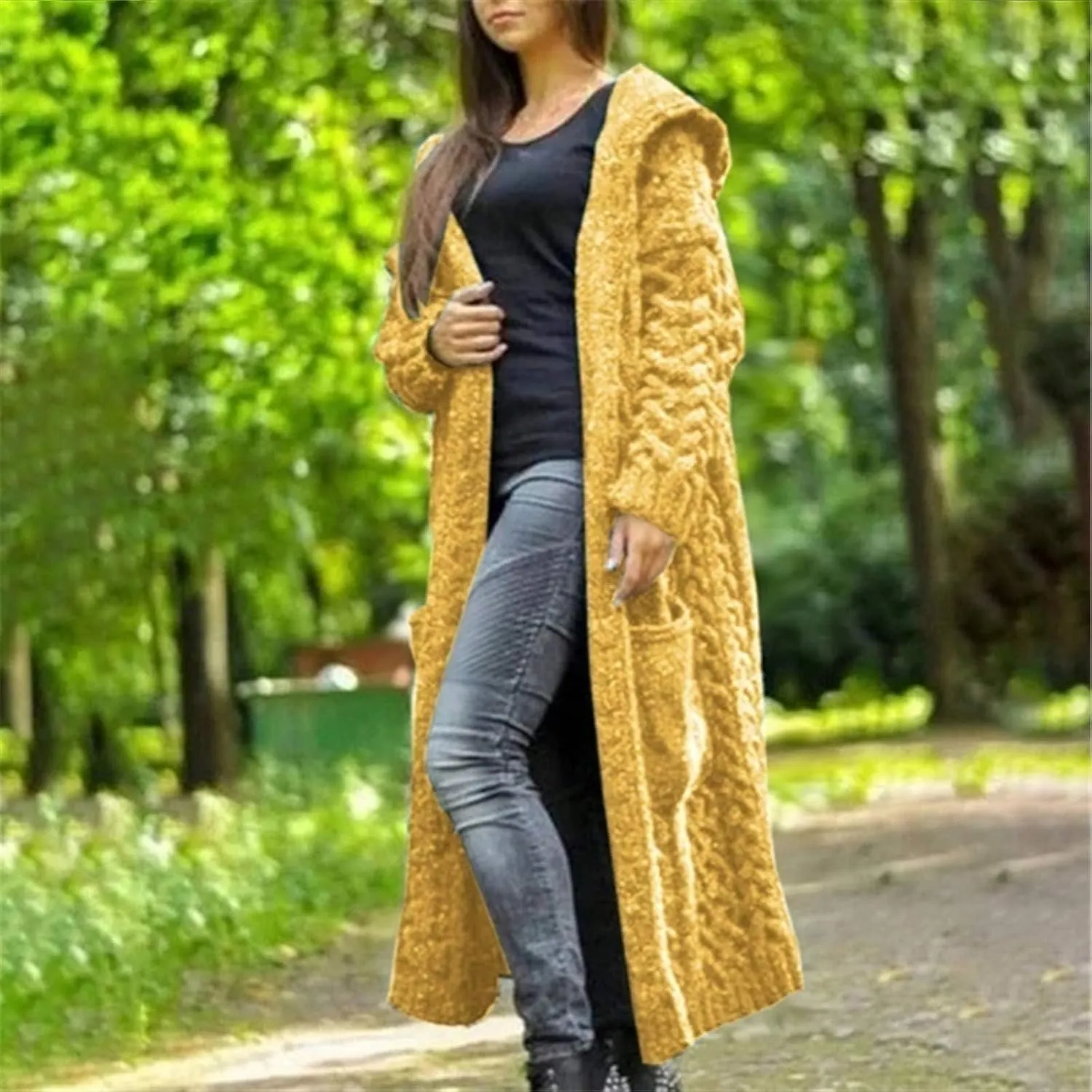 SACFOF Women's Long Sleeve Cable Knit Cardigan Sweaters 2023 Open Front Long Cardigans Coats Hoodies Outerwear with Pockets