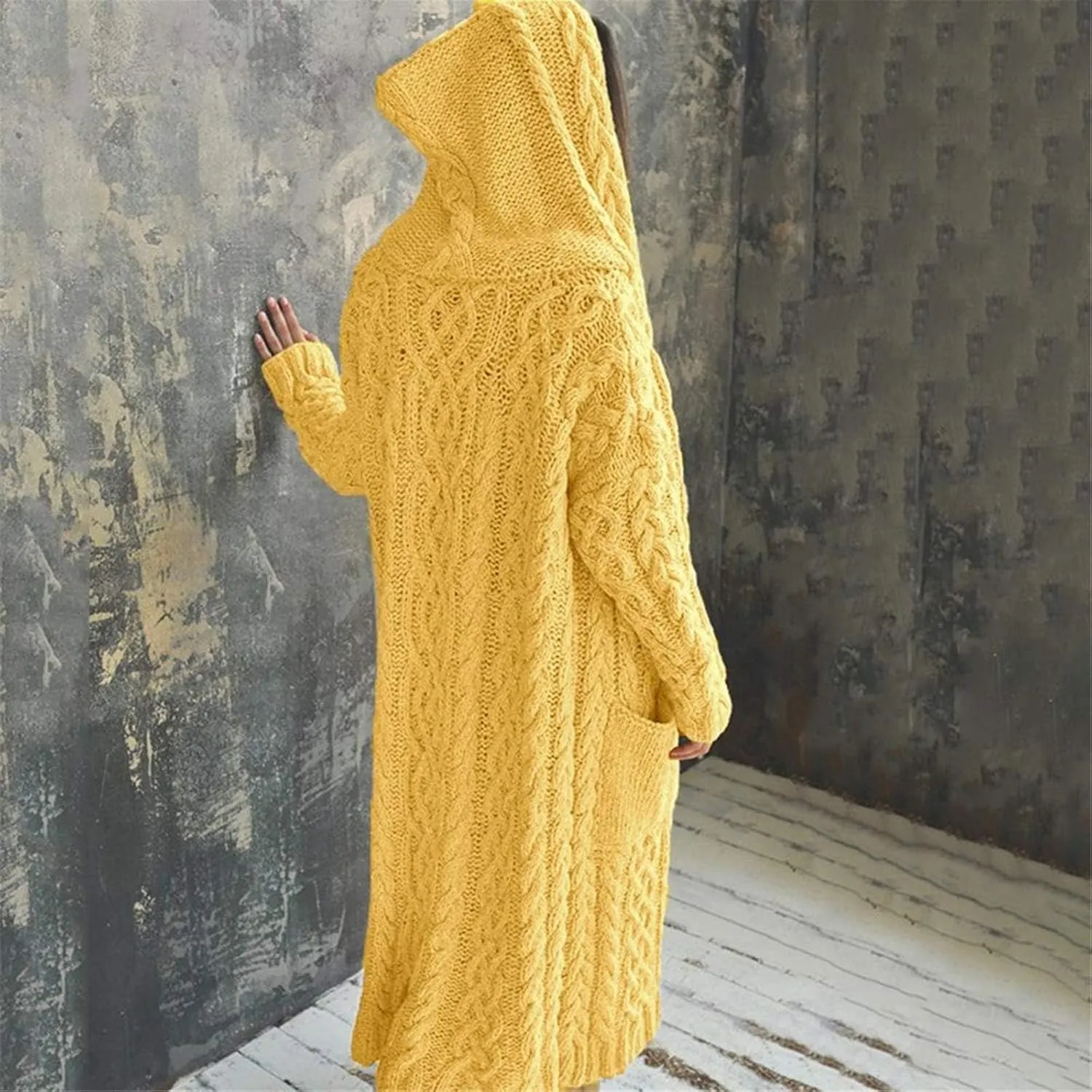 SACFOF Women's Long Sleeve Cable Knit Cardigan Sweaters 2023 Open Front Long Cardigans Coats Hoodies Outerwear with Pockets