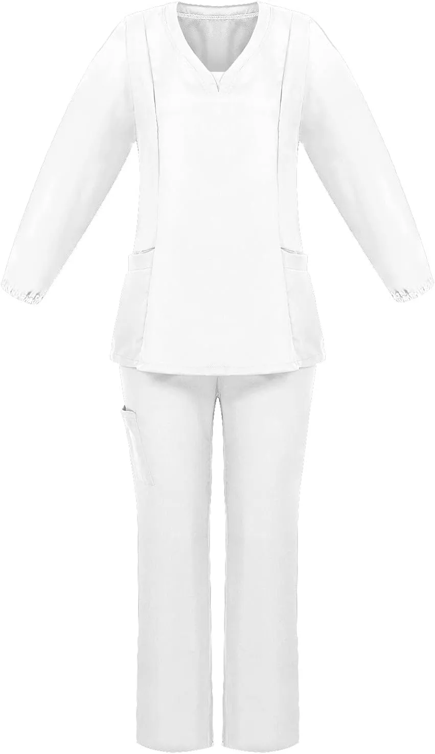 Scrubs for Women Set Summer Long Sleeve Nursing Uniform with Pocket Two Piece Stretch V Neck Holiday Tee Shirt Tunics