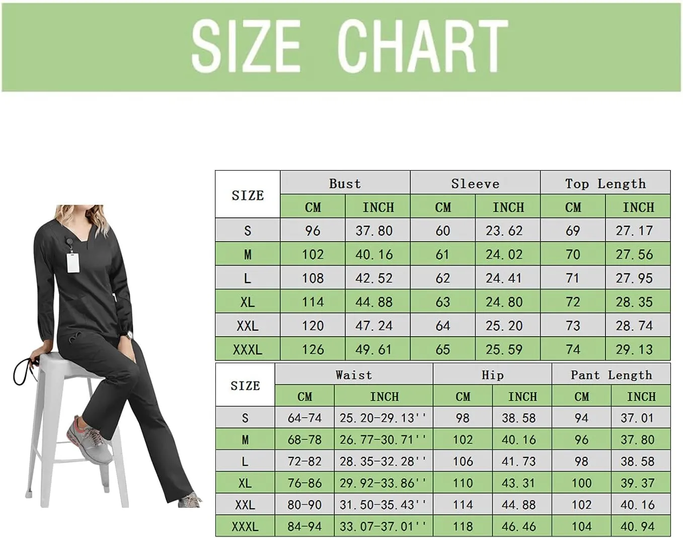 Scrubs for Women Set Summer Long Sleeve Nursing Uniform with Pocket Two Piece Stretch V Neck Holiday Tee Shirt Tunics