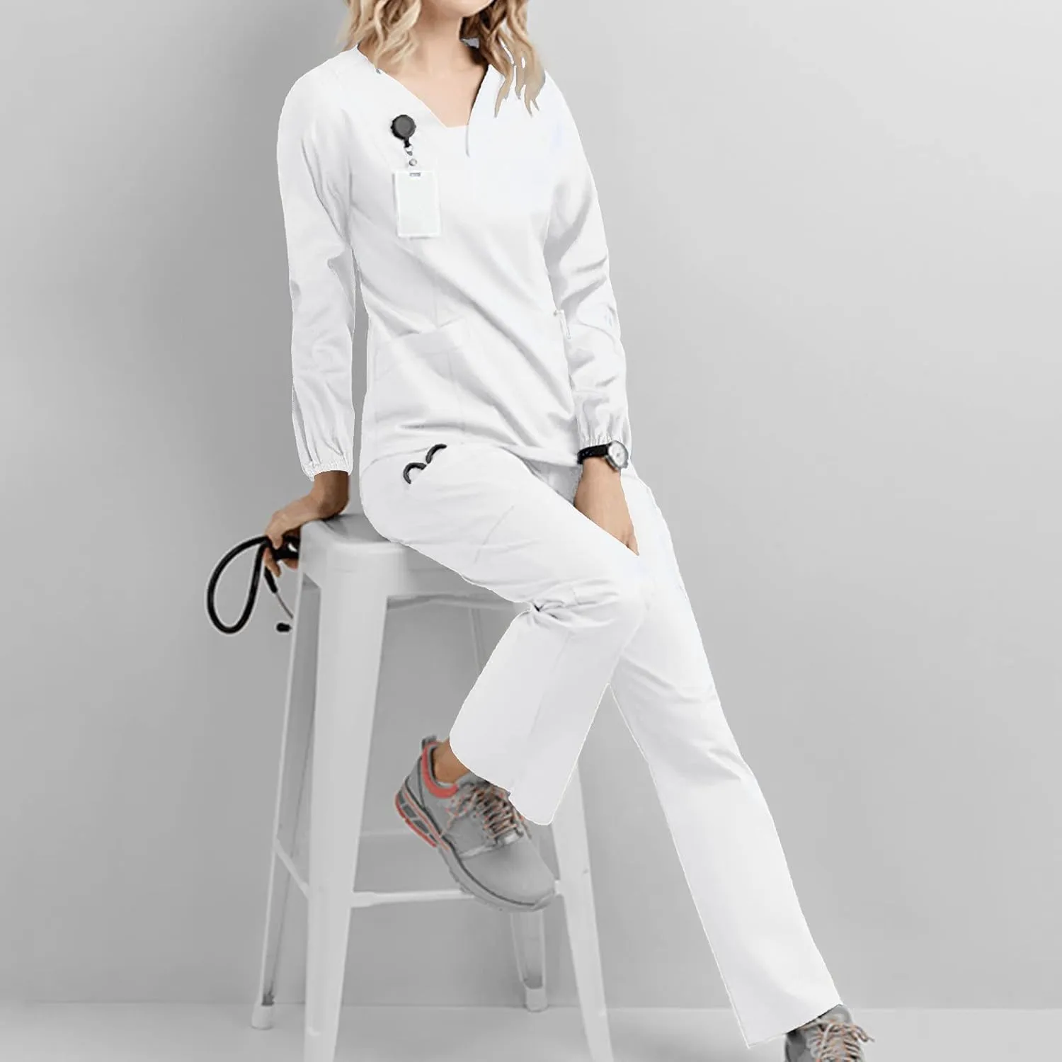 Scrubs for Women Set Summer Long Sleeve Nursing Uniform with Pocket Two Piece Stretch V Neck Holiday Tee Shirt Tunics