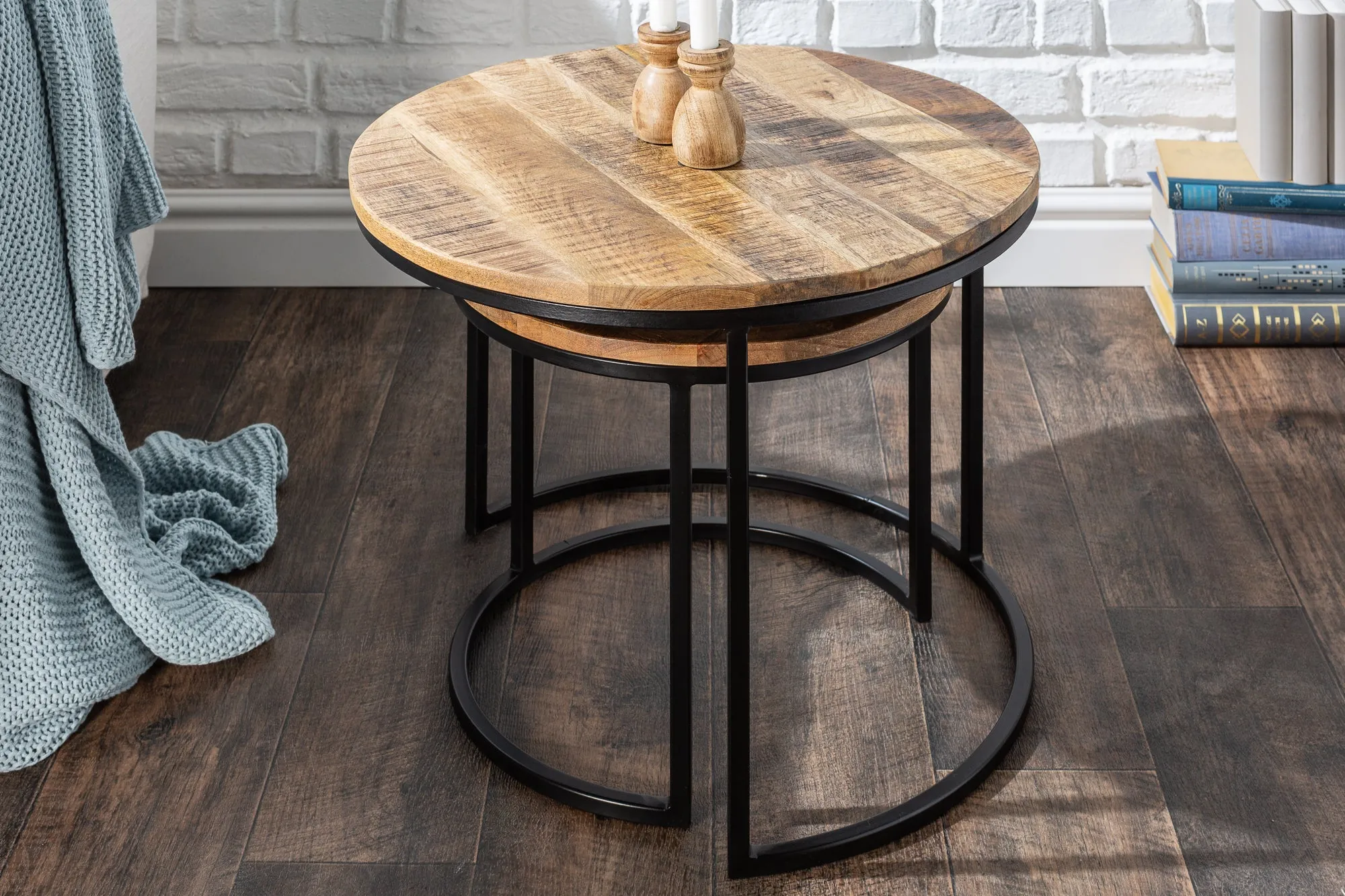 Set Of 2 Round Side Tables Elements 38cm/45cm Mango Wood Natural