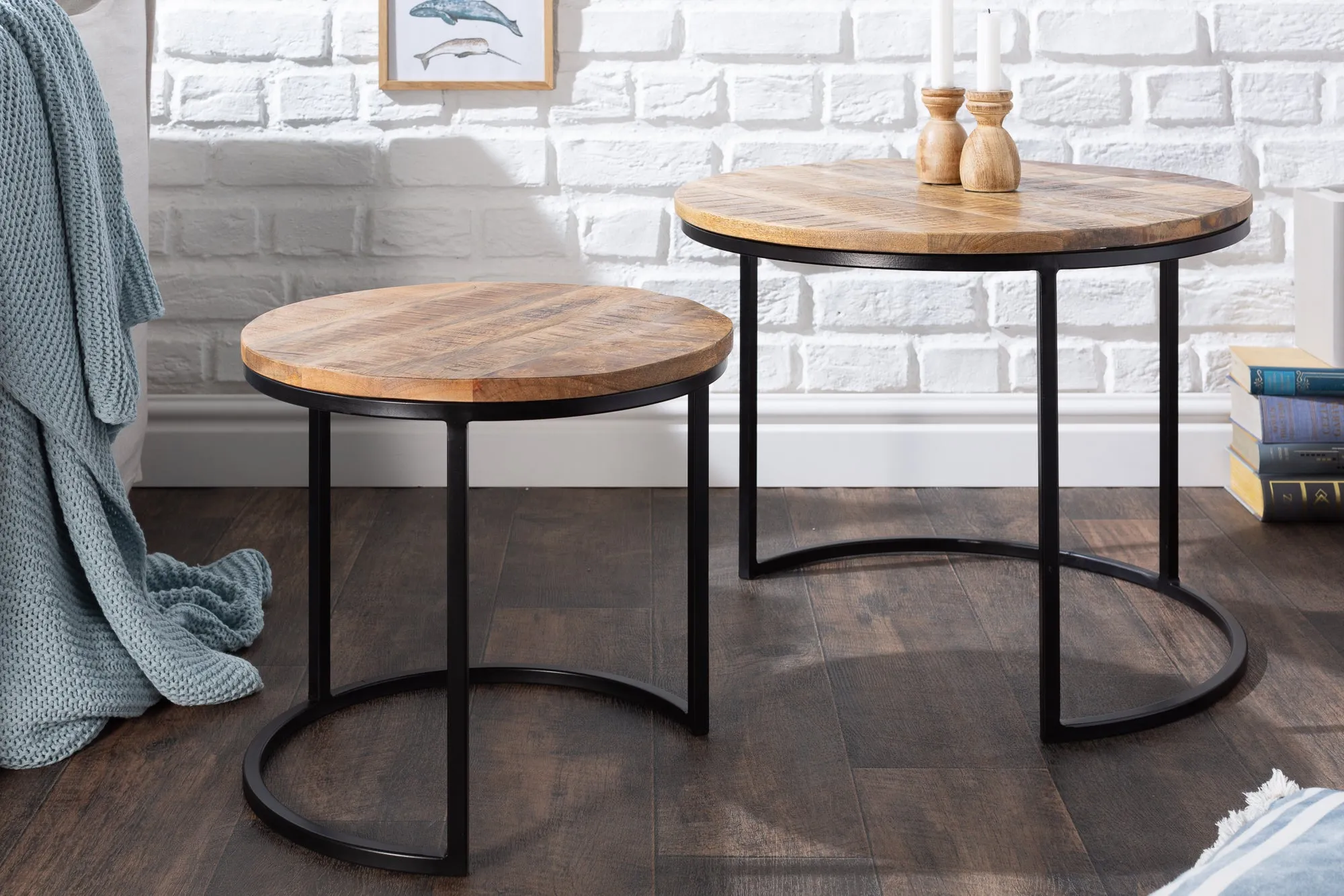 Set Of 2 Round Side Tables Elements 38cm/45cm Mango Wood Natural