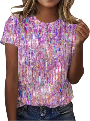 SHAOBGE Cute Summer Tops 2024 Trendy Women's Short Sleeve Sequin Print Fashionable Round Neck Casual T Shirt