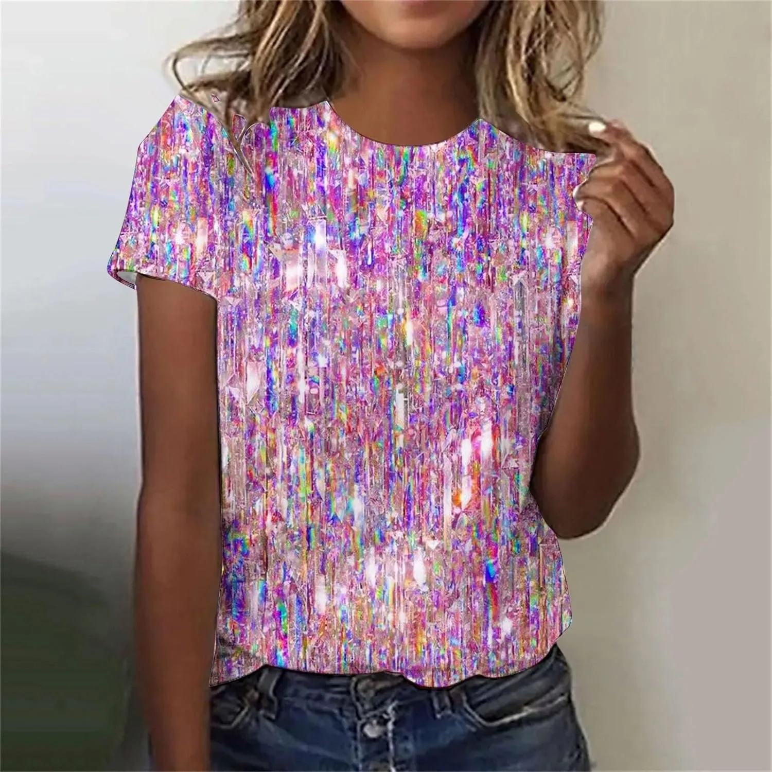 SHAOBGE Cute Summer Tops 2024 Trendy Women's Short Sleeve Sequin Print Fashionable Round Neck Casual T Shirt
