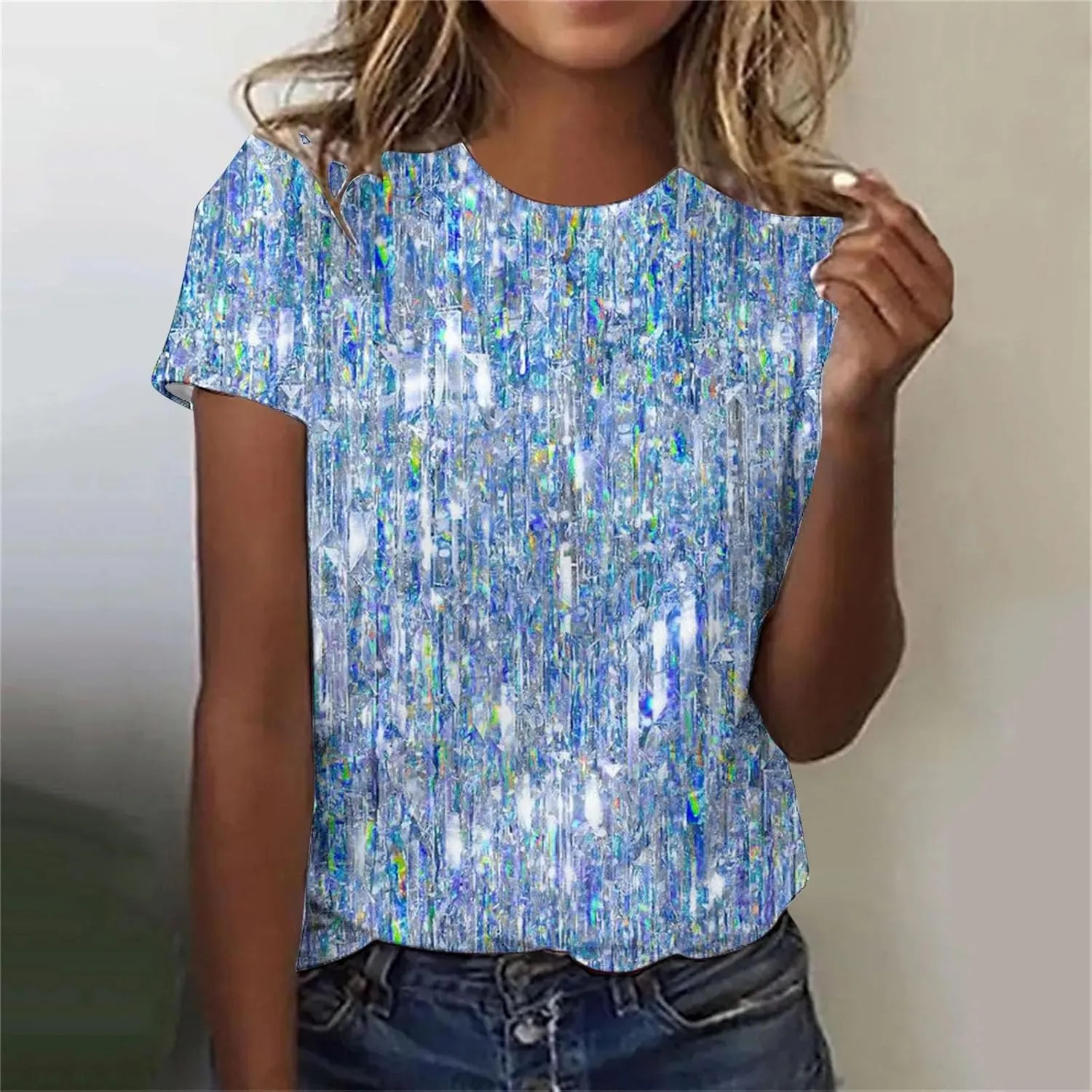 SHAOBGE Cute Summer Tops 2024 Trendy Women's Short Sleeve Sequin Print Fashionable Round Neck Casual T Shirt