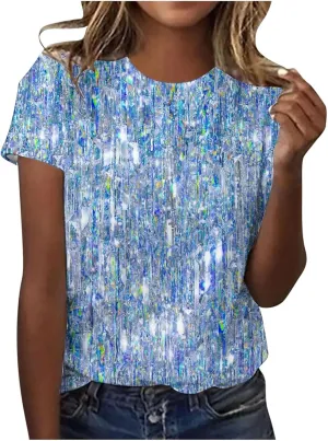 SHAOBGE Cute Summer Tops 2024 Trendy Women's Short Sleeve Sequin Print Fashionable Round Neck Casual T Shirt
