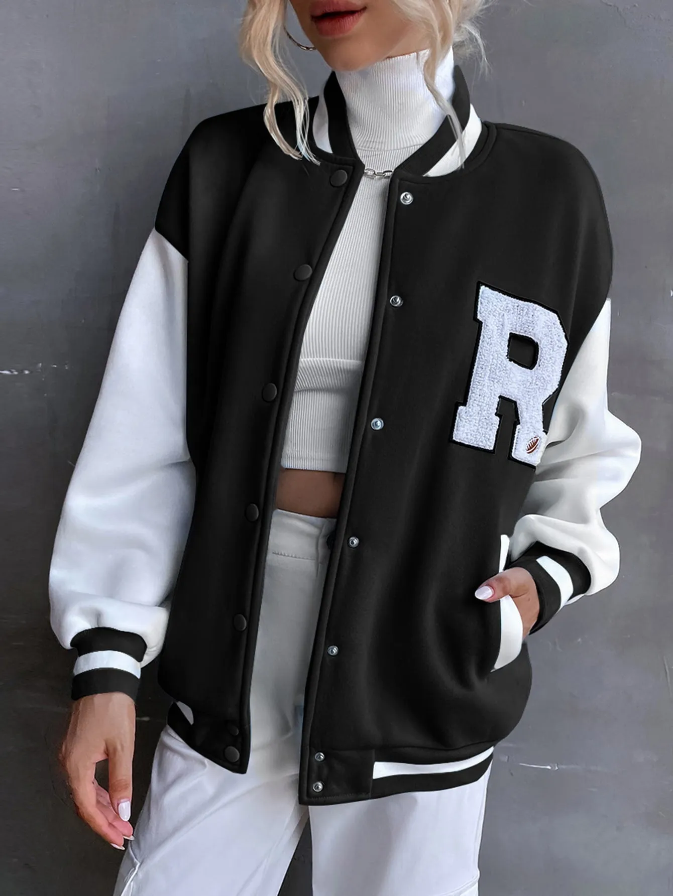 SHEIN MOOSTA Letter Patched Drop Shoulder Varsity Jacket