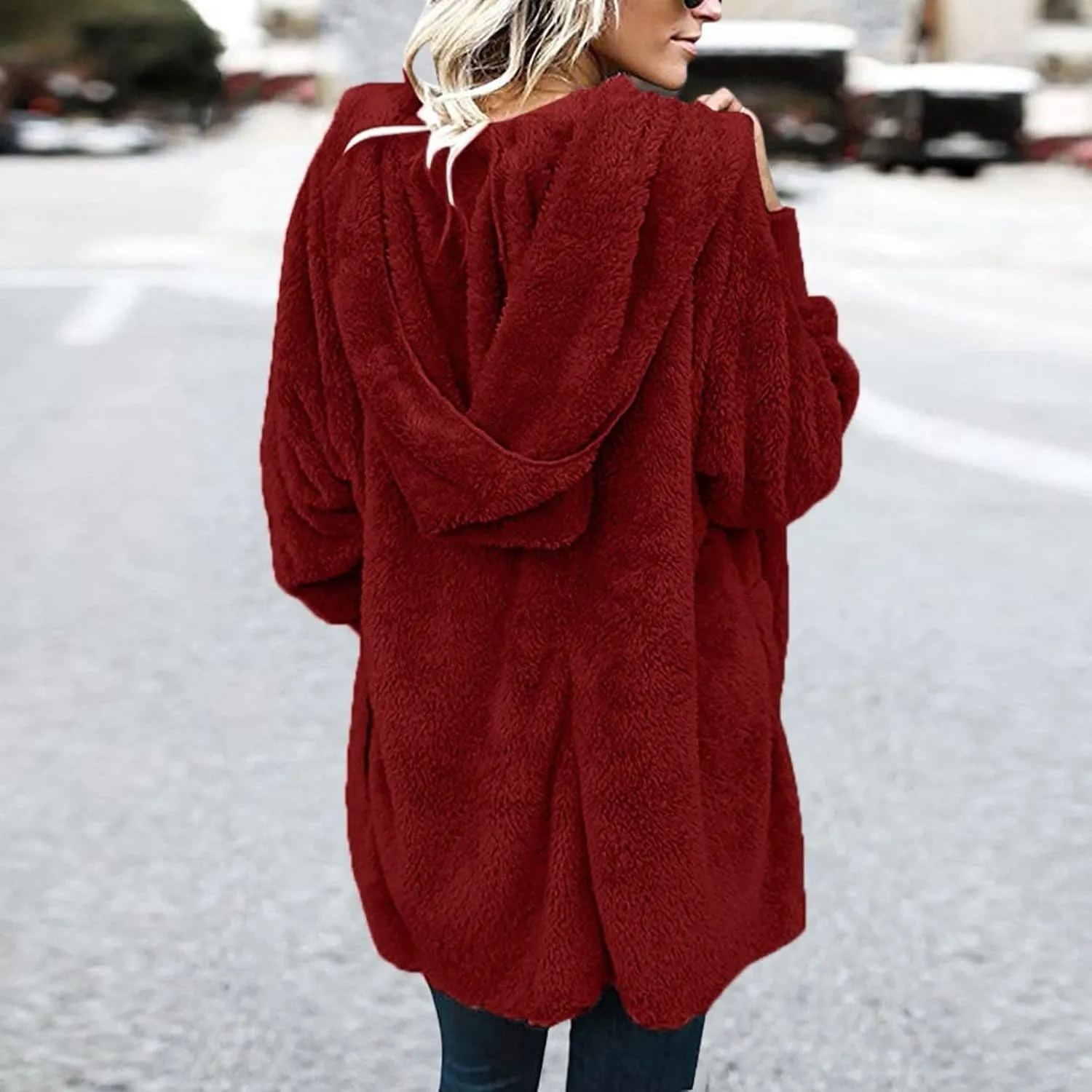 Sherpa Fleece Jacket Women Fuzzy Oversized Open Front Hooded Cardigan Soft Fluffy Sweaters Winter Coats with Pockets