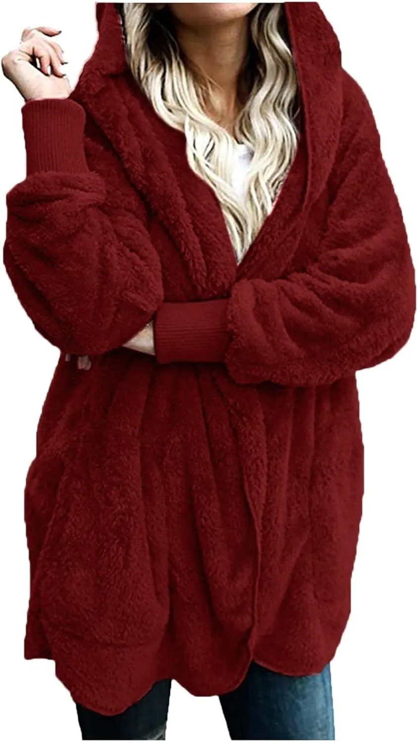 Sherpa Fleece Jacket Women Fuzzy Oversized Open Front Hooded Cardigan Soft Fluffy Sweaters Winter Coats with Pockets