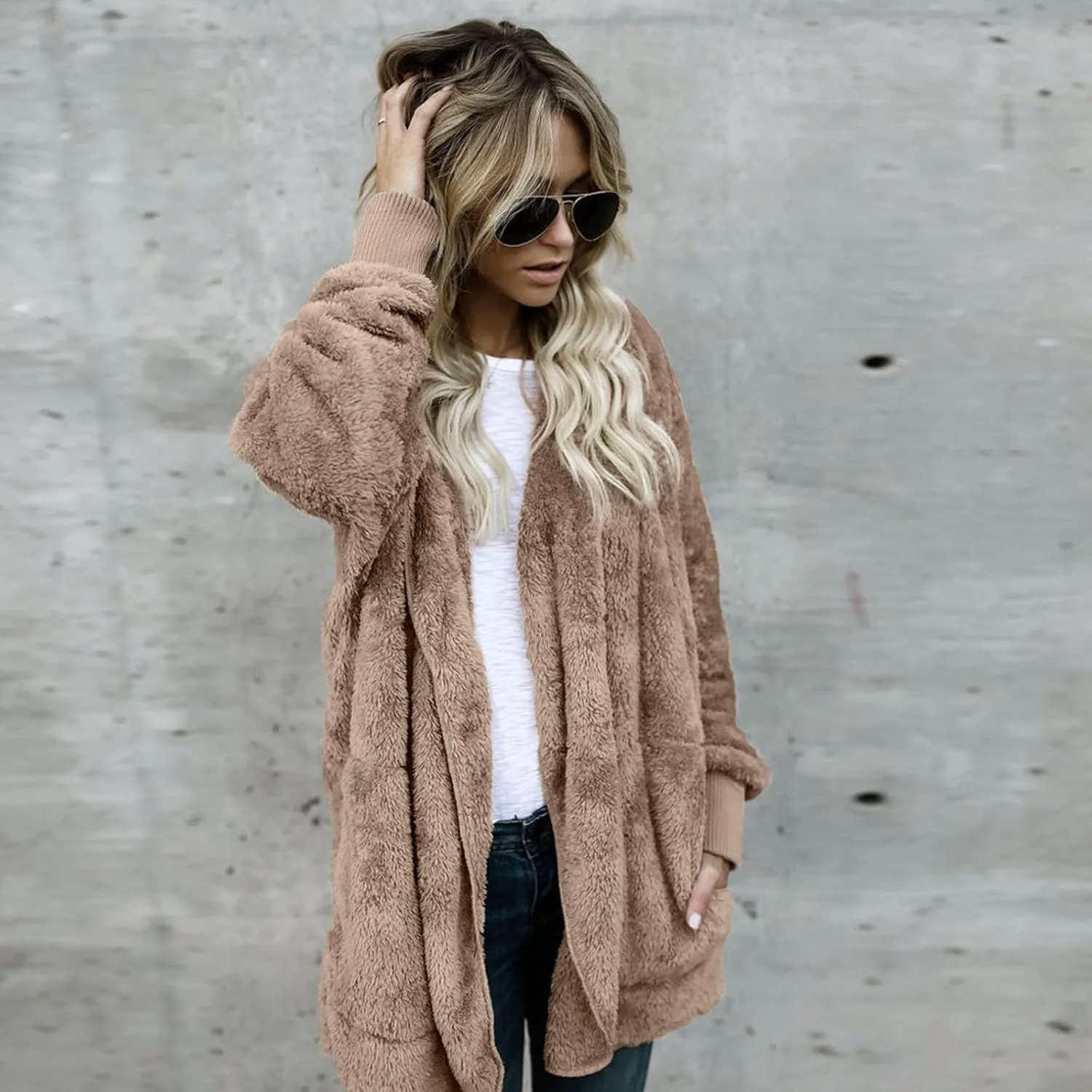 Sherpa Fleece Jacket Women Fuzzy Oversized Open Front Hooded Cardigan Soft Fluffy Sweaters Winter Coats with Pockets