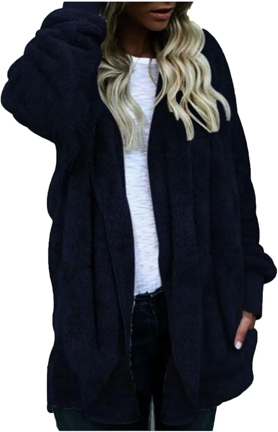 Sherpa Fleece Jacket Women Fuzzy Oversized Open Front Hooded Cardigan Soft Fluffy Sweaters Winter Coats with Pockets