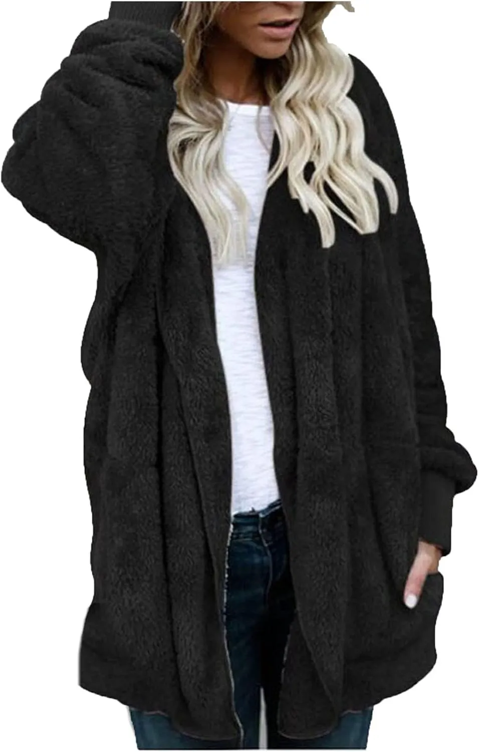 Sherpa Fleece Jacket Women Fuzzy Oversized Open Front Hooded Cardigan Soft Fluffy Sweaters Winter Coats with Pockets