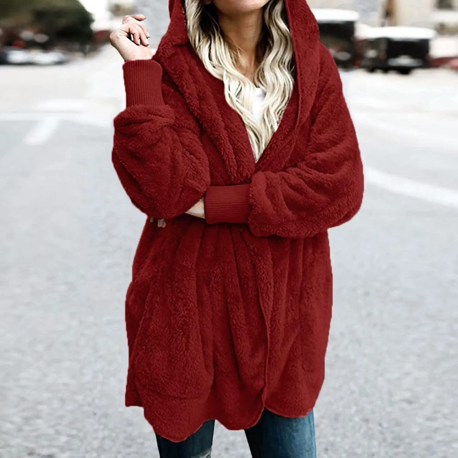 Sherpa Fleece Jacket Women Fuzzy Oversized Open Front Hooded Cardigan Soft Fluffy Sweaters Winter Coats with Pockets