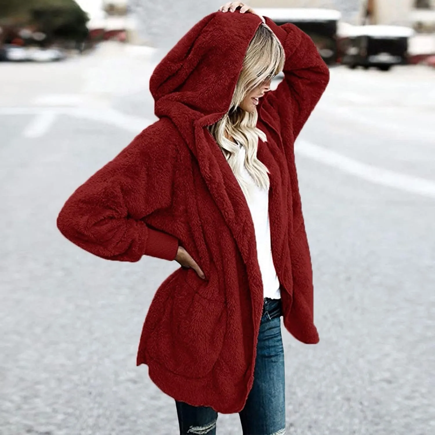 Sherpa Fleece Jacket Women Fuzzy Oversized Open Front Hooded Cardigan Soft Fluffy Sweaters Winter Coats with Pockets