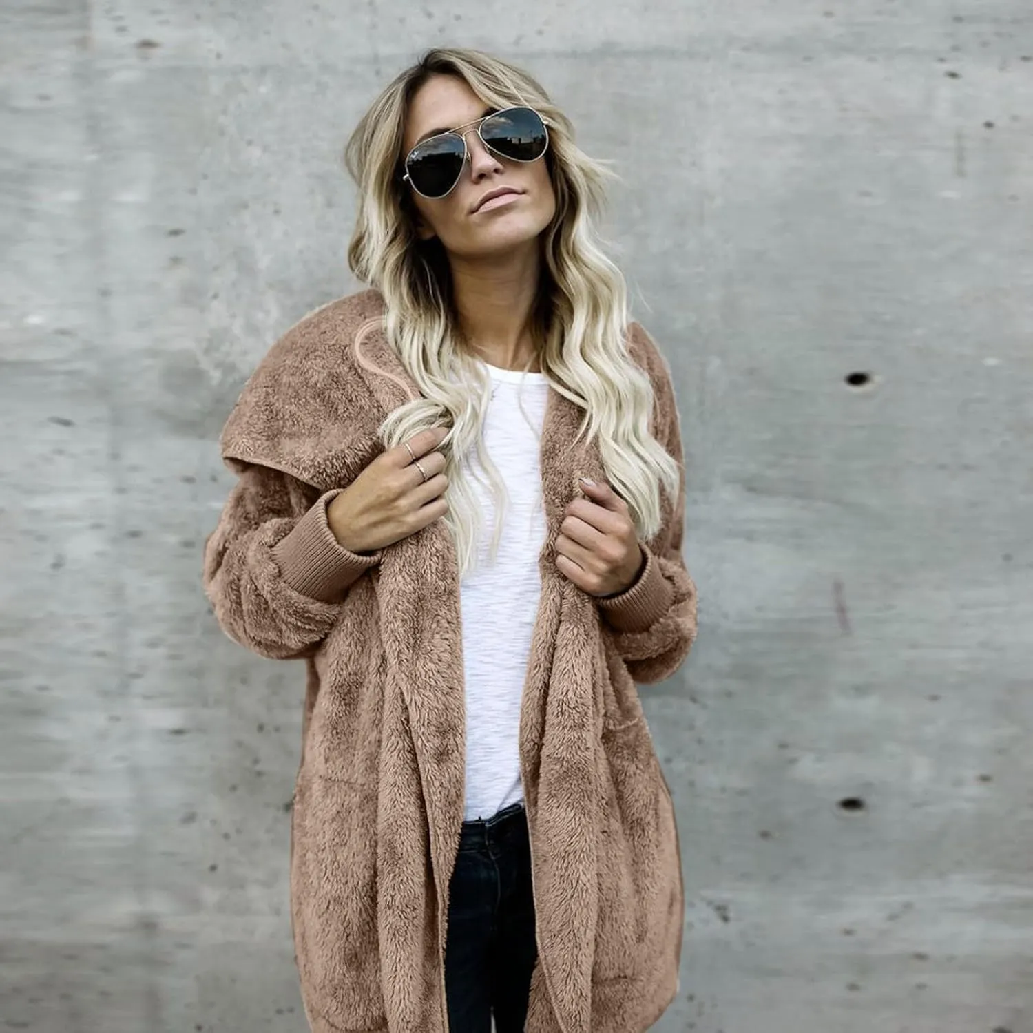 Sherpa Fleece Jacket Women Fuzzy Oversized Open Front Hooded Cardigan Soft Fluffy Sweaters Winter Coats with Pockets