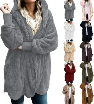 Sherpa Fleece Jacket Women Fuzzy Oversized Open Front Hooded Cardigan Soft Fluffy Sweaters Winter Coats with Pockets