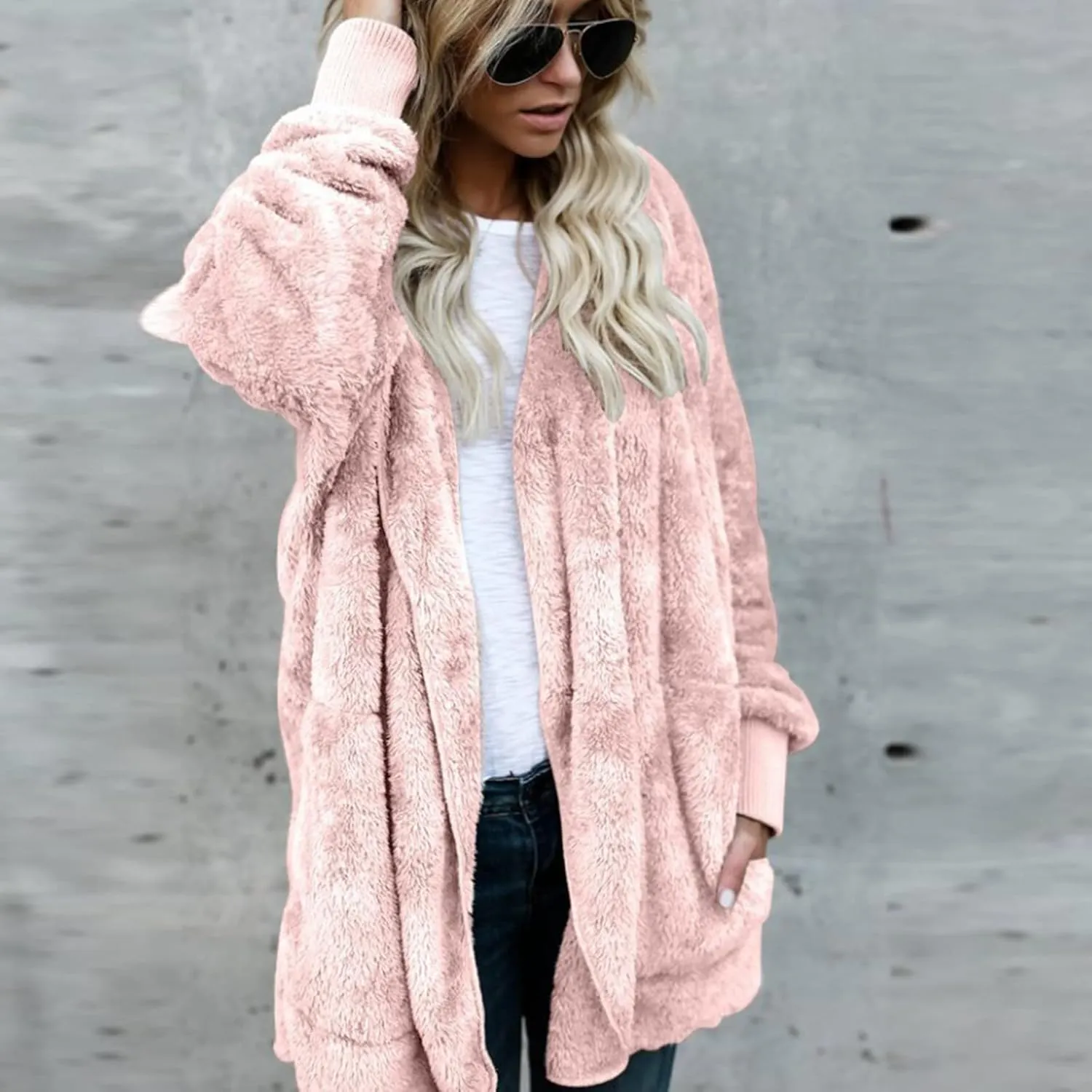 Sherpa Fleece Jacket Women Fuzzy Oversized Open Front Hooded Cardigan Soft Fluffy Sweaters Winter Coats with Pockets