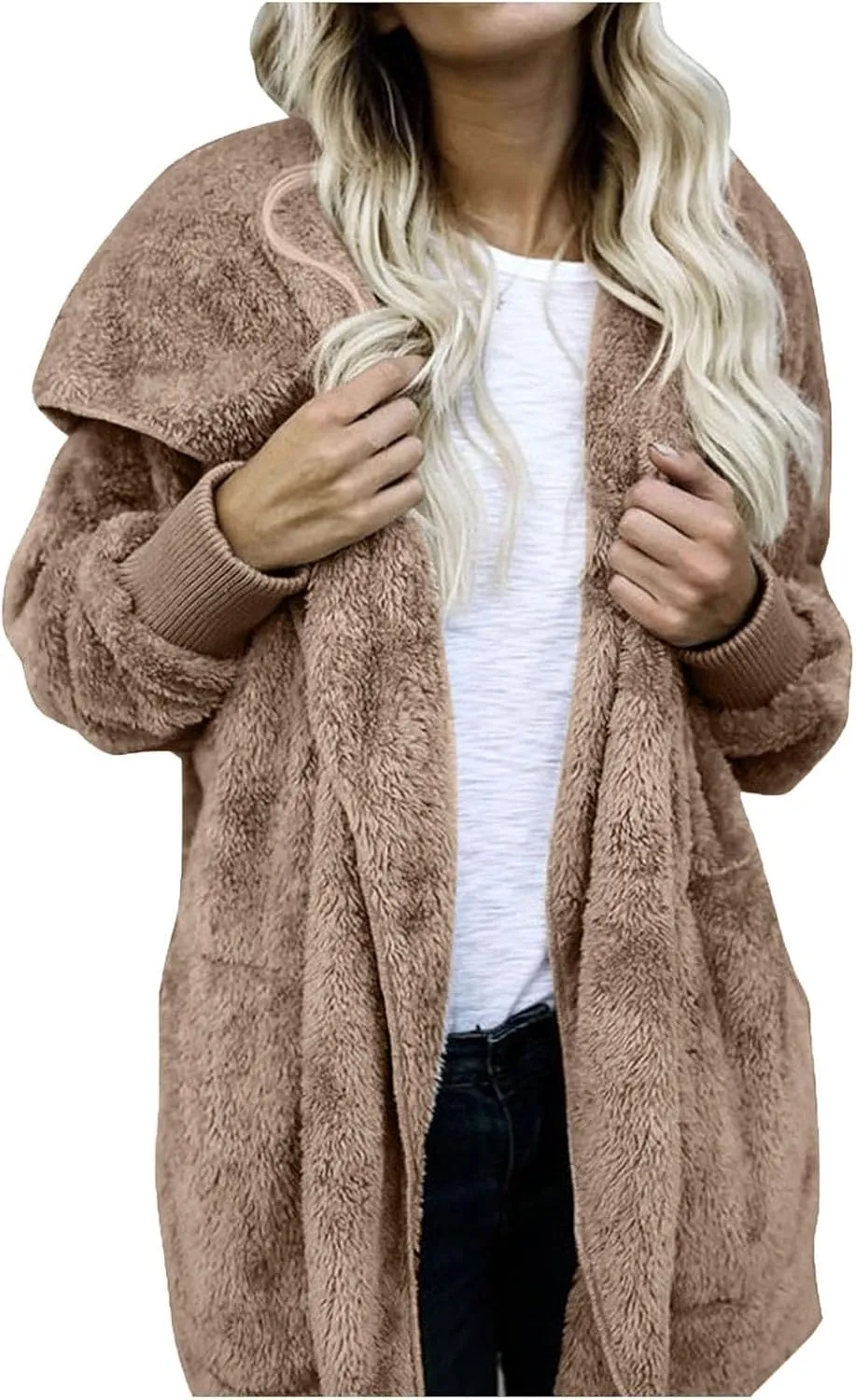 Sherpa Fleece Jacket Women Fuzzy Oversized Open Front Hooded Cardigan Soft Fluffy Sweaters Winter Coats with Pockets