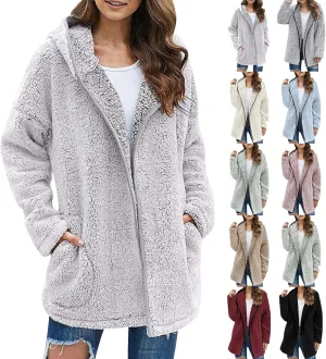 Sherpa Jacket Women Fuzzy Fleece Oversized Open Front Hooded Cardigan Soft Cozy Fluffy Sweater Jacket with Pockets