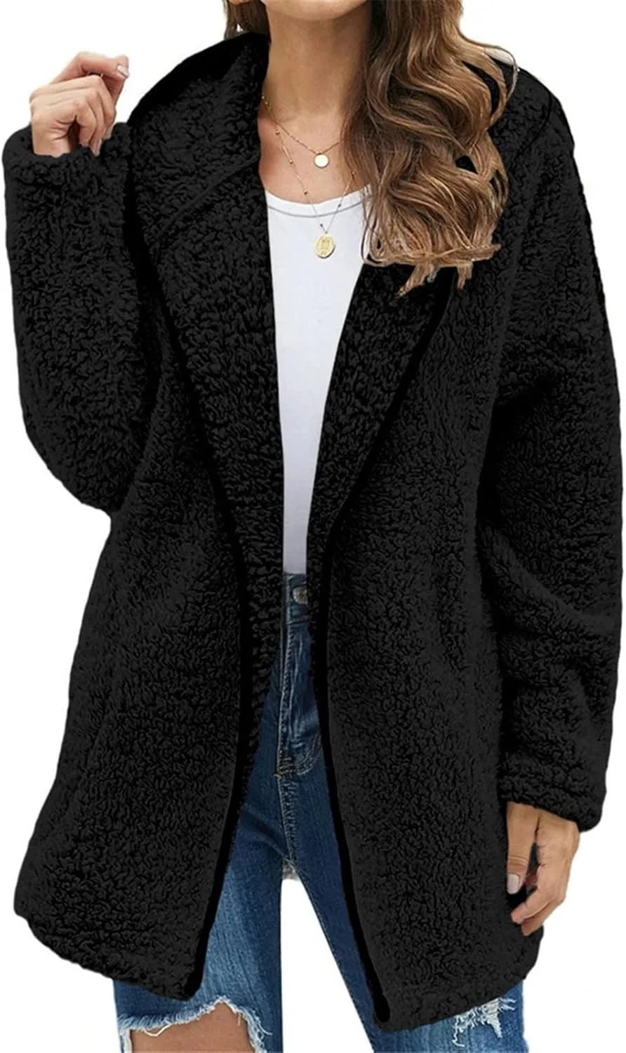 Sherpa Jacket Women Fuzzy Fleece Oversized Open Front Hooded Cardigan Soft Cozy Fluffy Sweater Jacket with Pockets