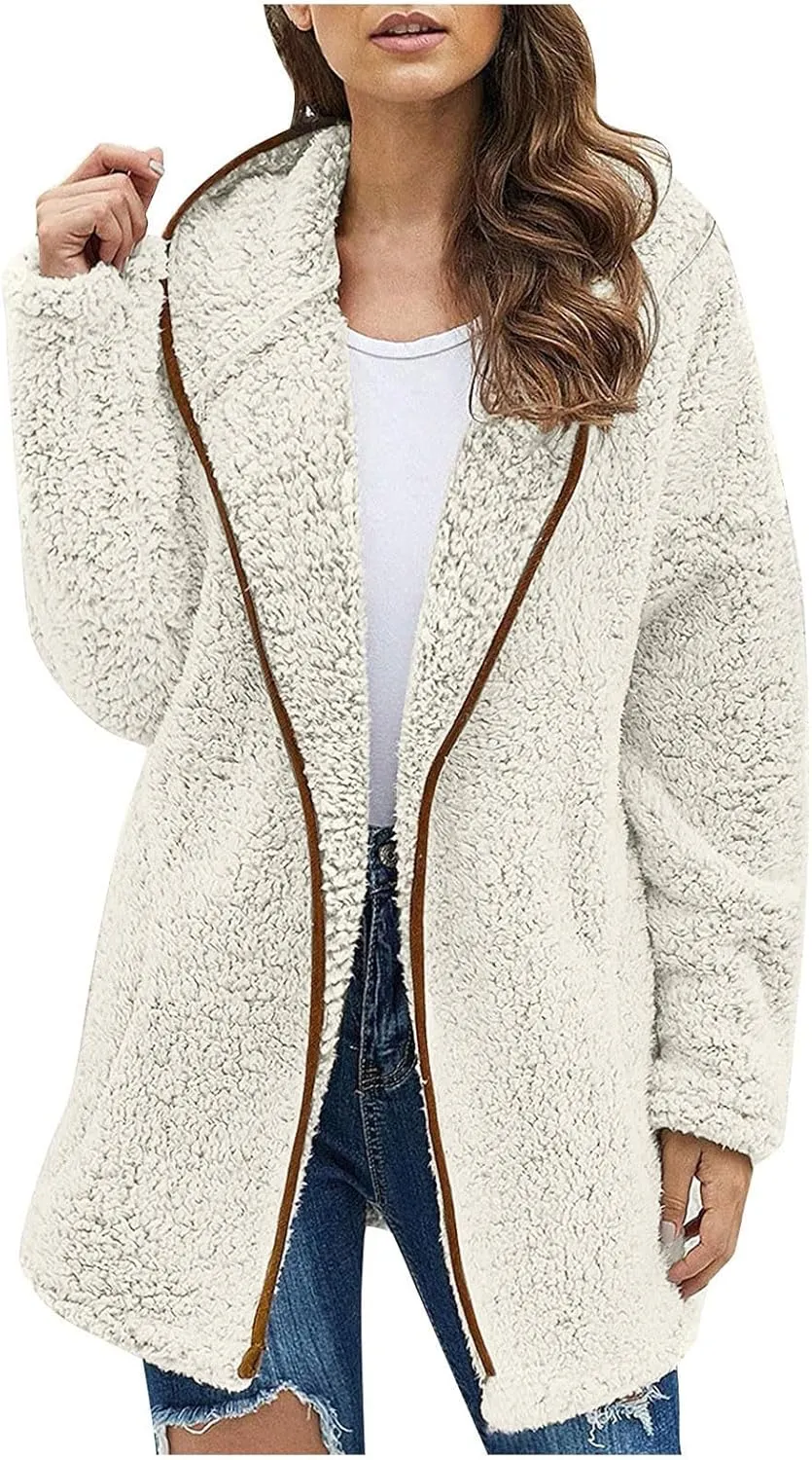 Sherpa Jacket Women Fuzzy Fleece Oversized Open Front Hooded Cardigan Soft Cozy Fluffy Sweater Jacket with Pockets