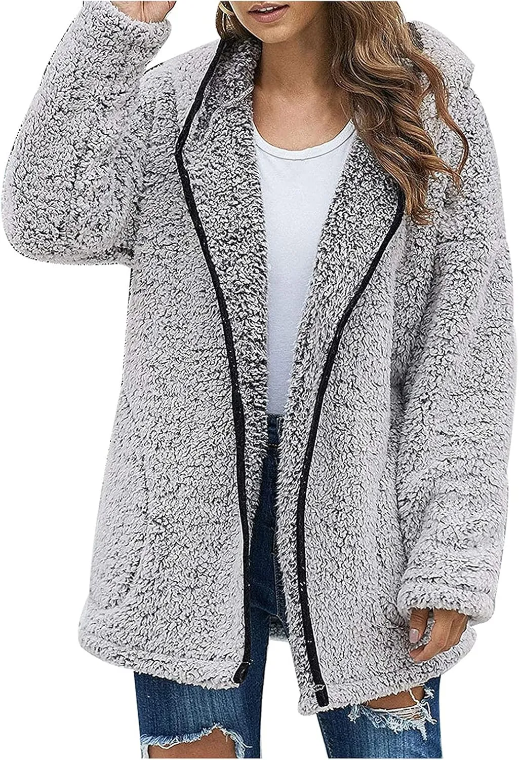 Sherpa Jacket Women Fuzzy Fleece Oversized Open Front Hooded Cardigan Soft Cozy Fluffy Sweater Jacket with Pockets