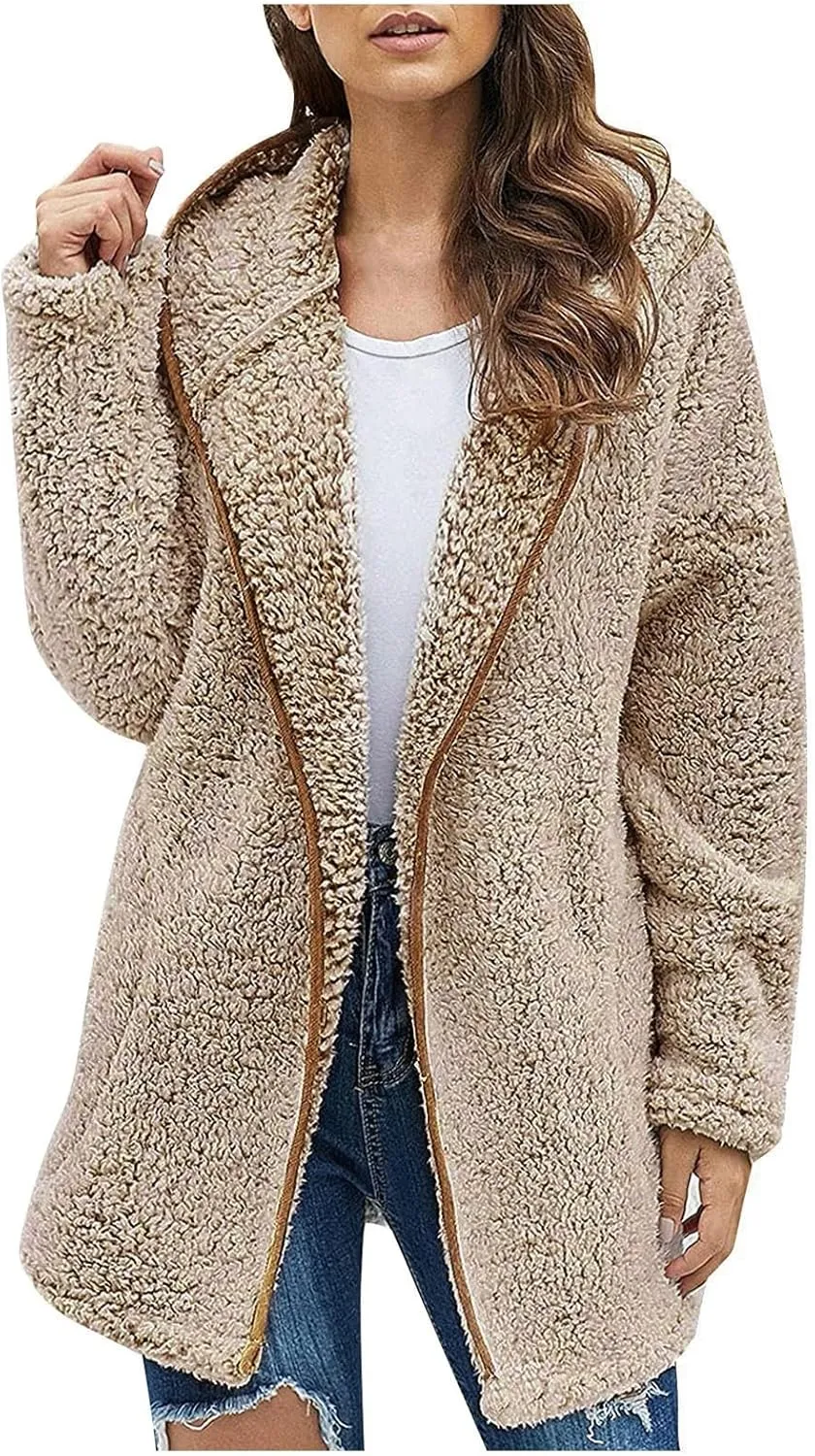 Sherpa Jacket Women Fuzzy Fleece Oversized Open Front Hooded Cardigan Soft Cozy Fluffy Sweater Jacket with Pockets