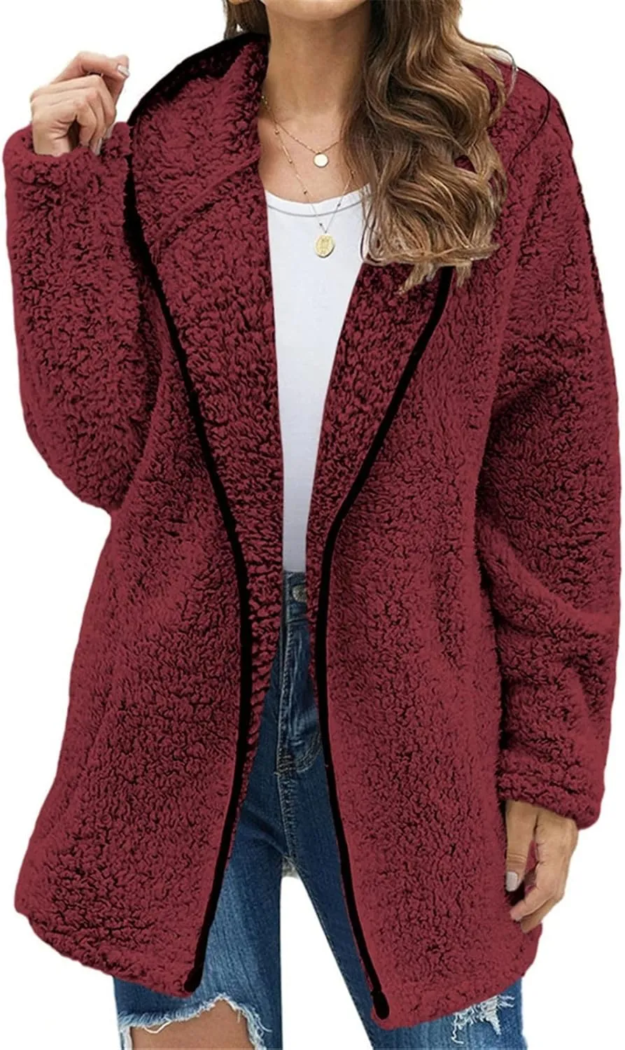 Sherpa Jacket Women Fuzzy Fleece Oversized Open Front Hooded Cardigan Soft Cozy Fluffy Sweater Jacket with Pockets