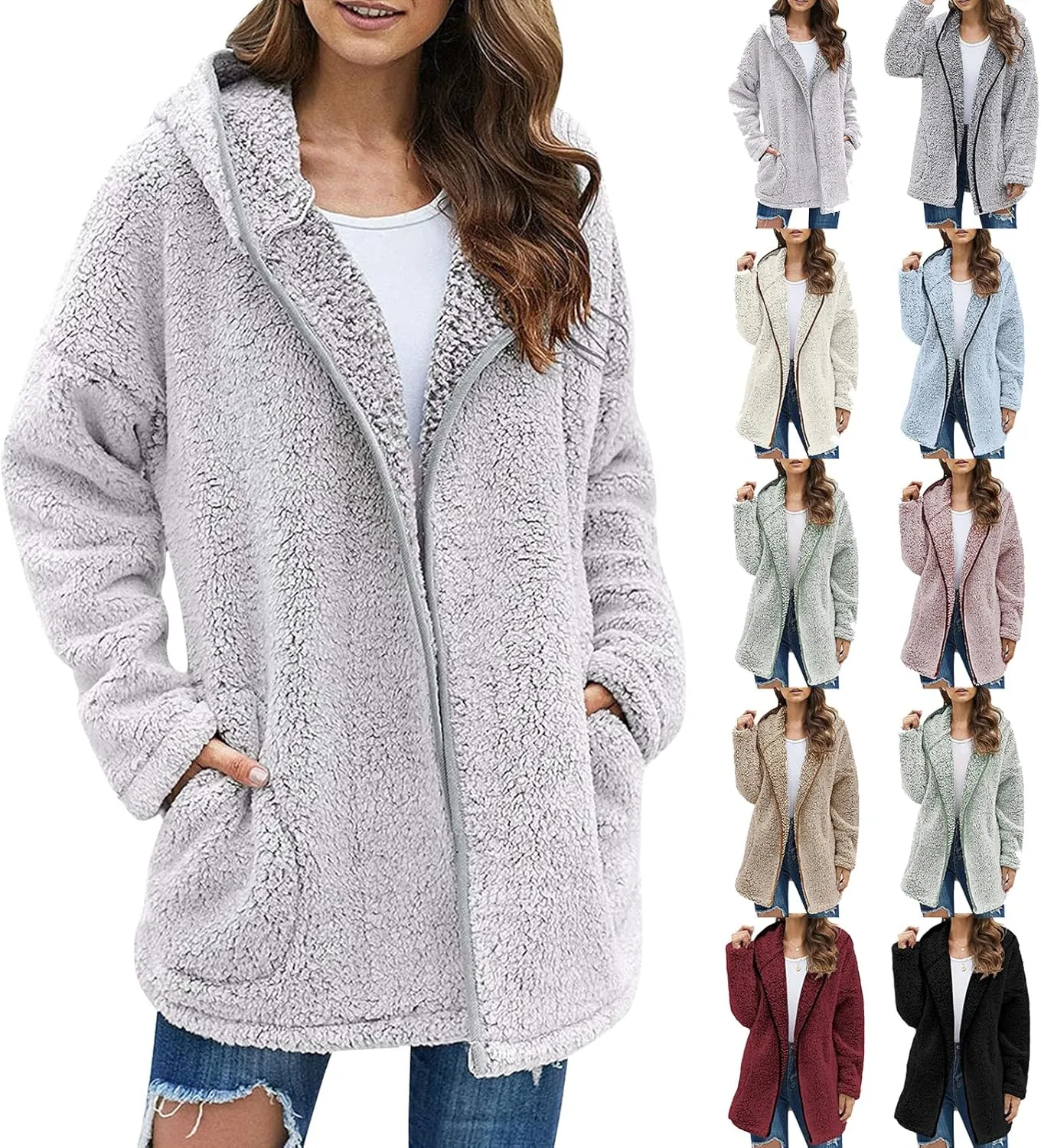 Sherpa Jacket Women Fuzzy Fleece Oversized Open Front Hooded Cardigan Soft Cozy Fluffy Sweater Jacket with Pockets