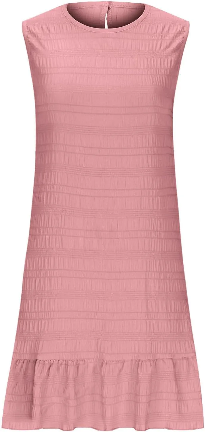 Sleeveless Tank Dresses for Women Summer Ruffle Hem Sundress Casual Mini Dress Solid Color Round Neck Dress 2025