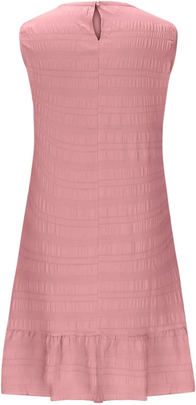 Sleeveless Tank Dresses for Women Summer Ruffle Hem Sundress Casual Mini Dress Solid Color Round Neck Dress 2025