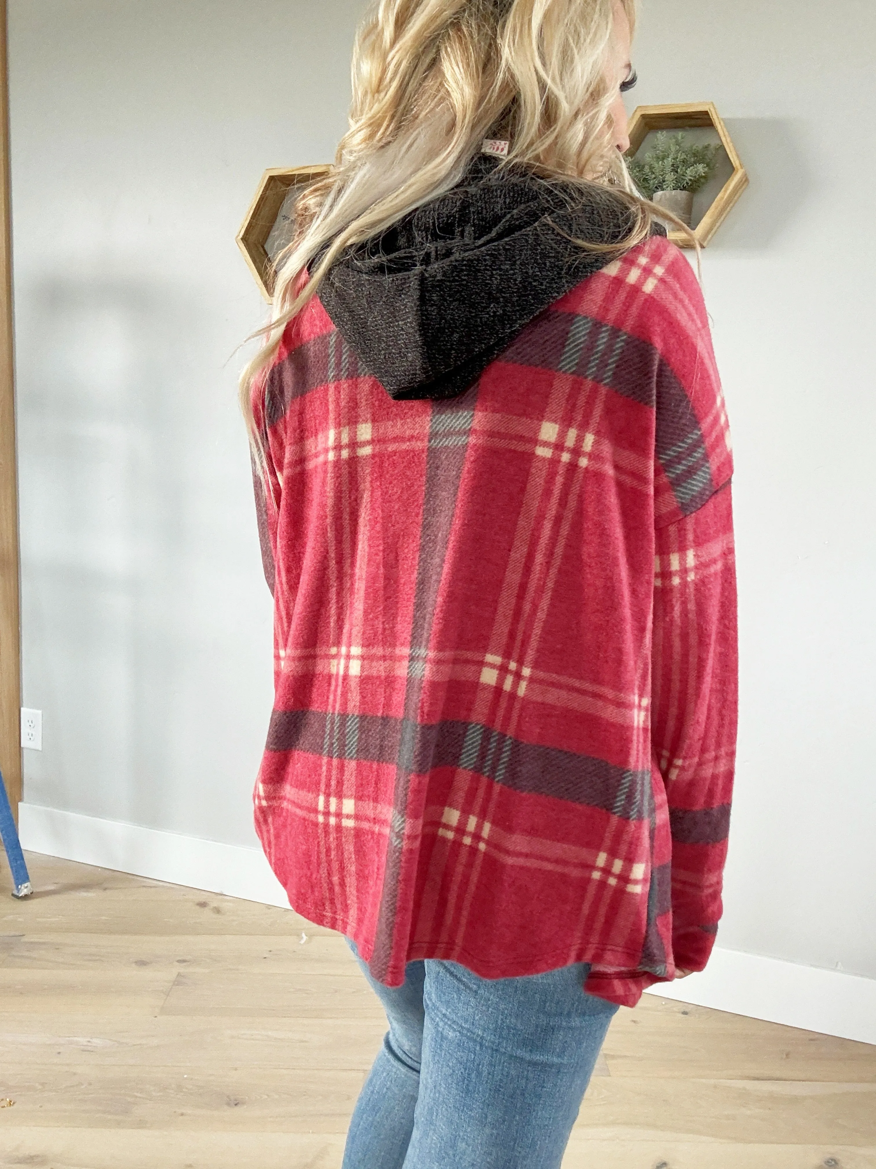 Something in the Air Plaid Button Down Hooded Soft Shacket in Burgundy Black