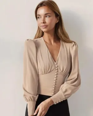 Spring Buttons Party Female Shirts Fashion Lantern Sleeve Solid Office Elegant Blouses XL S4479727