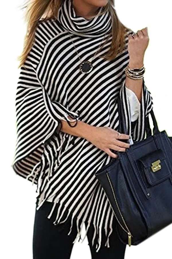 Stripes High Neck Loose Irregular Cap Sweater
