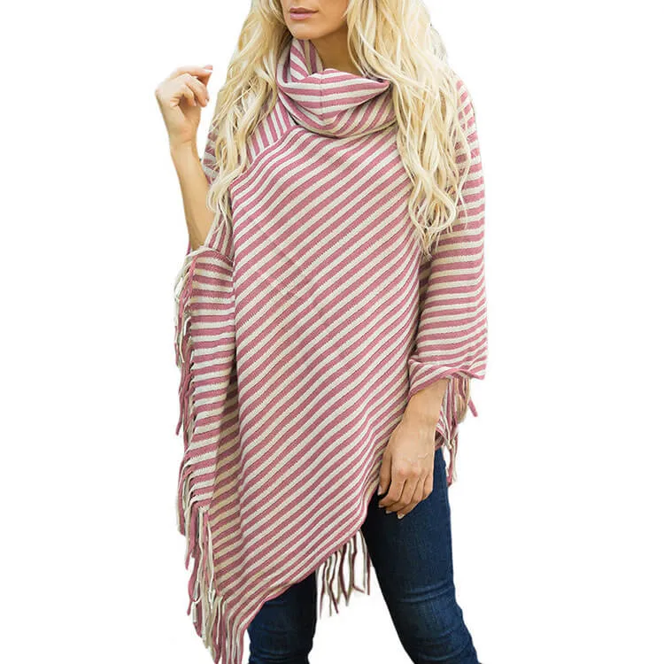 Stripes High Neck Loose Irregular Cap Sweater