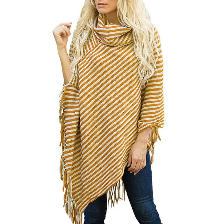 Stripes High Neck Loose Irregular Cap Sweater