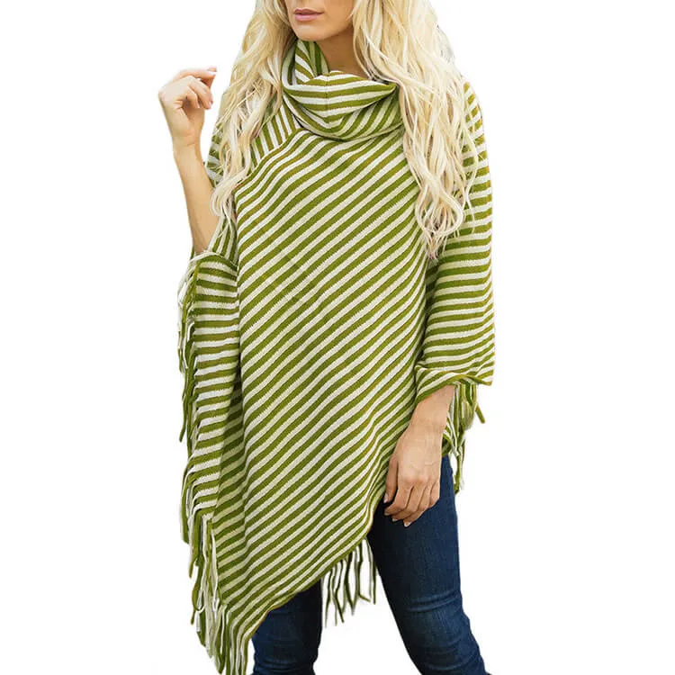 Stripes High Neck Loose Irregular Cap Sweater