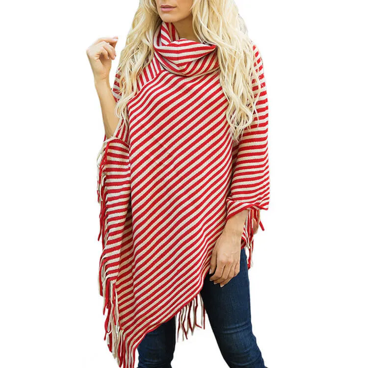 Stripes High Neck Loose Irregular Cap Sweater