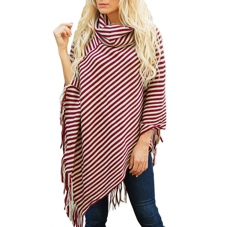 Stripes High Neck Loose Irregular Cap Sweater