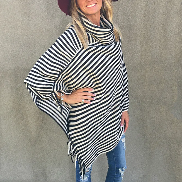 Stripes High Neck Loose Irregular Cap Sweater