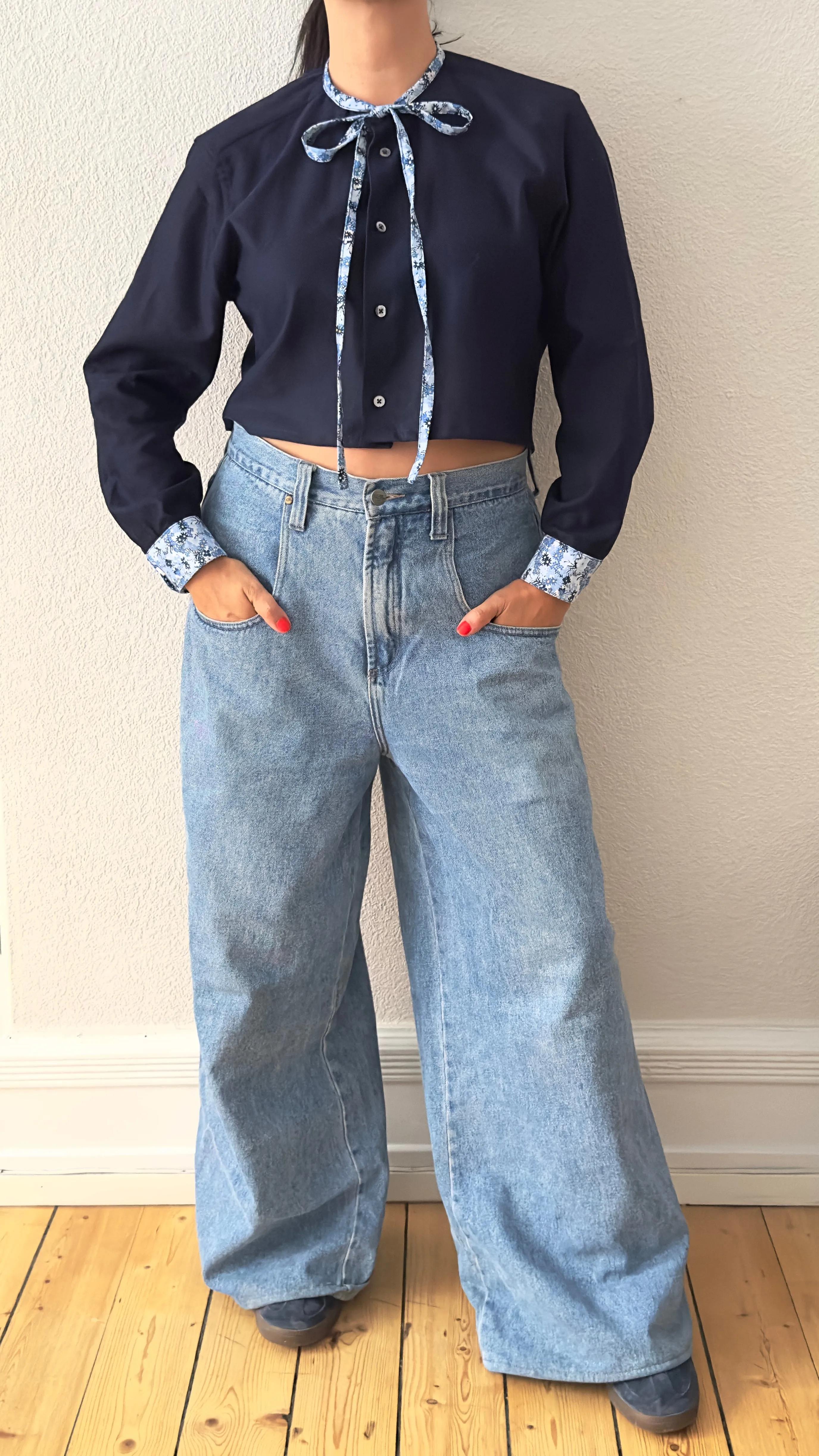 Tie Neck - Upcycled Shirt 21 - M, Cotton, Dark Blue