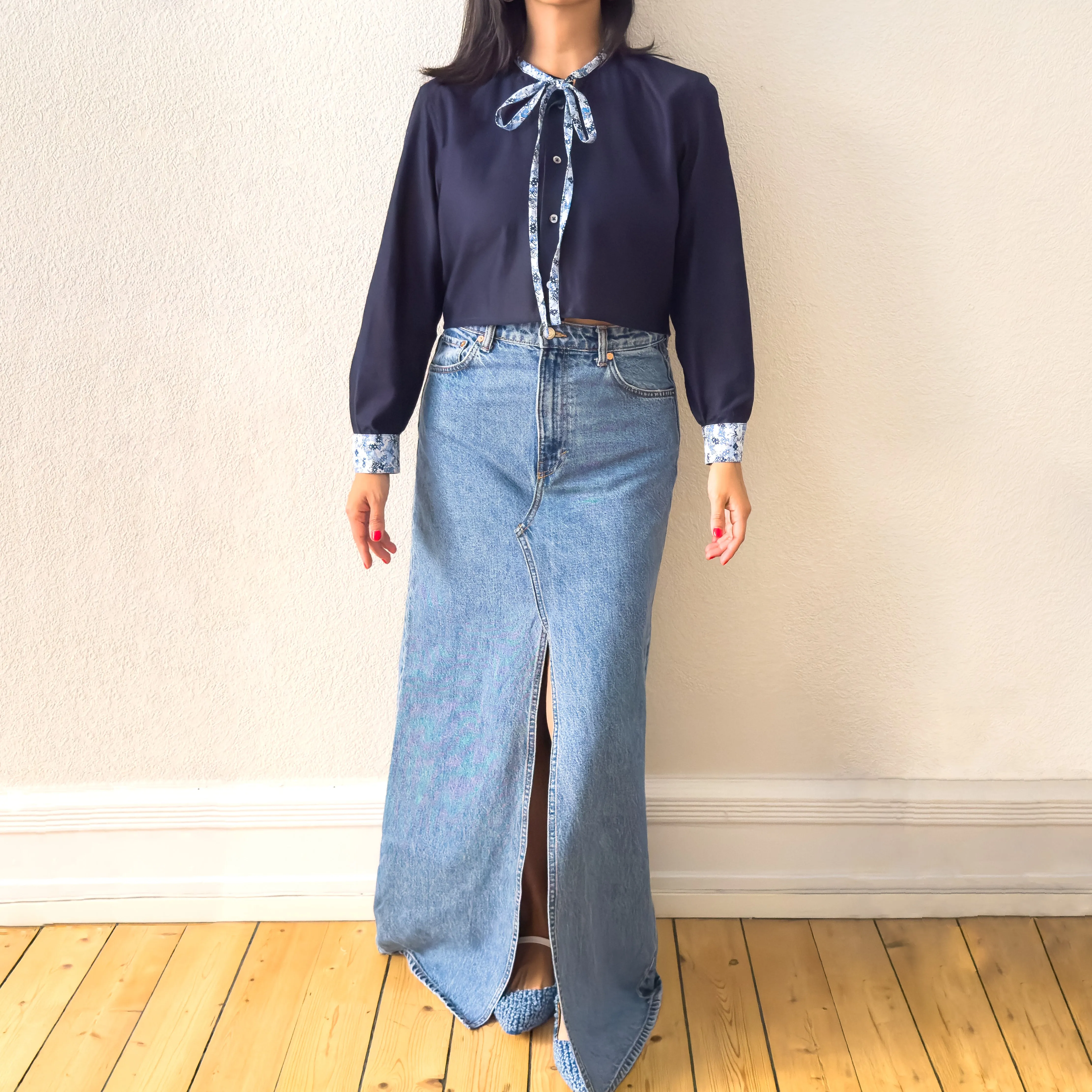 Tie Neck - Upcycled Shirt 21 - M, Cotton, Dark Blue