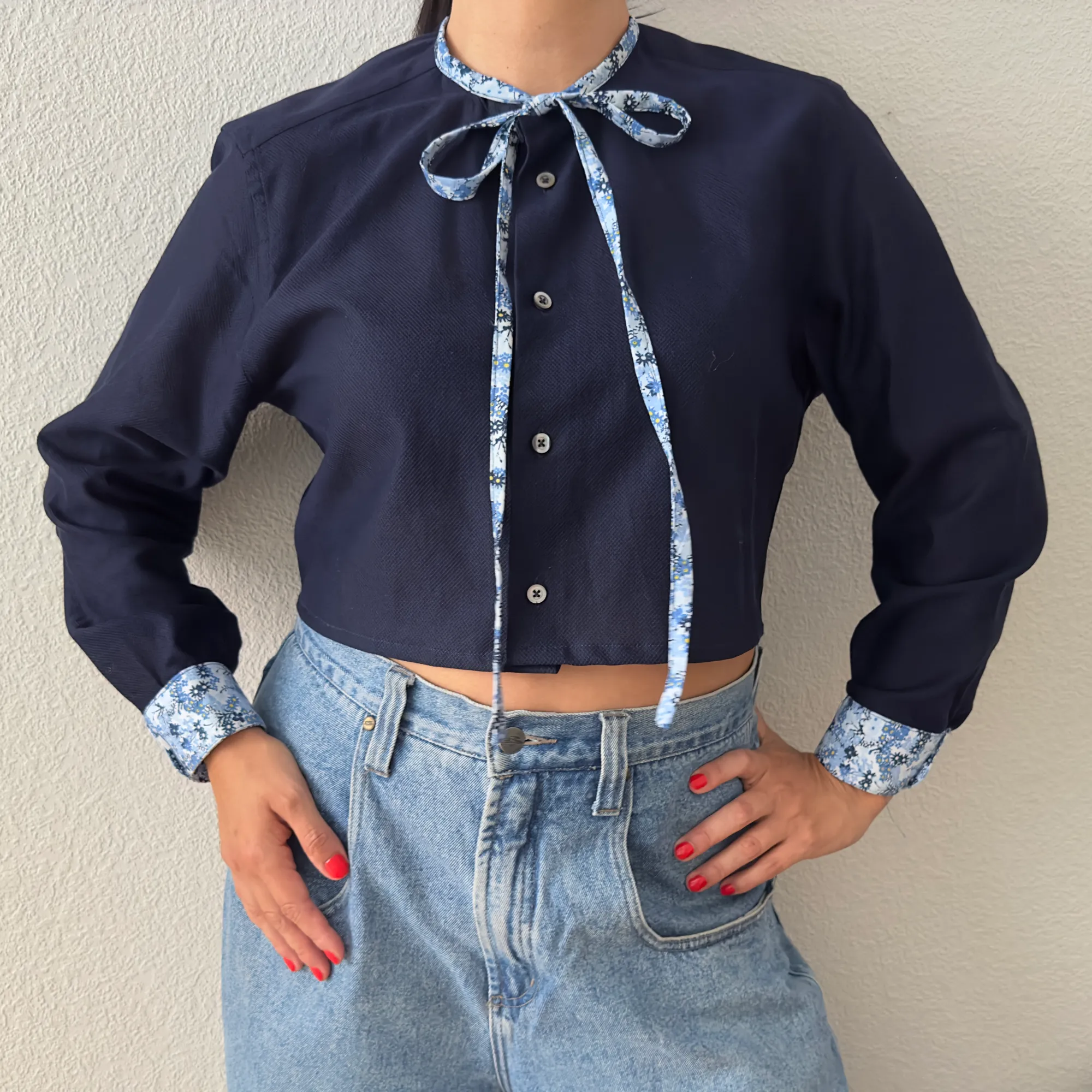 Tie Neck - Upcycled Shirt 21 - M, Cotton, Dark Blue