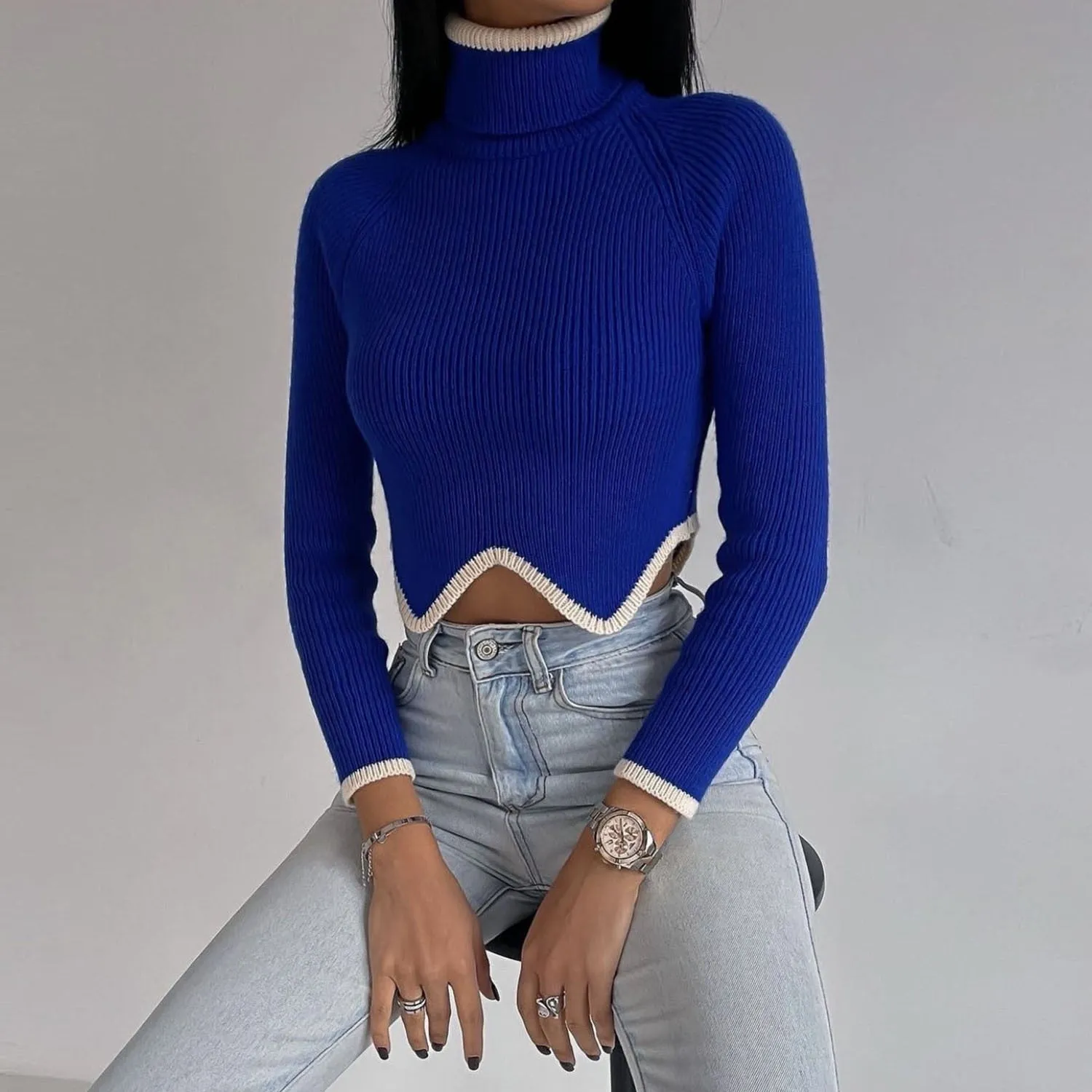Turtleneck Crop Solid Knitted Long Sleeve Slim Pullovers Jumpers Knitwear